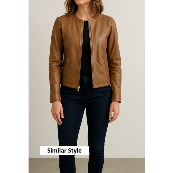 Via Spiga 100% Lamb Leather Jacket Women’s L Brown Gold Zip Moto Style - Picture 8 of 8